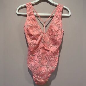 Victoria's Secret Sz M Coral Pink Sheer Lace V-neck bodysuit